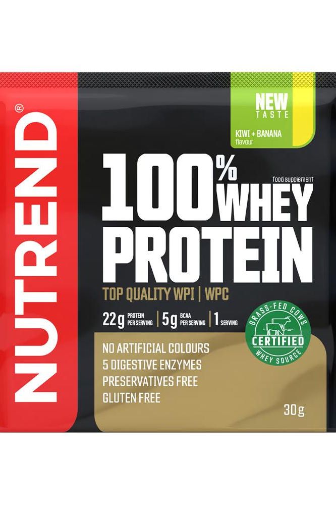 Nutrend 100% Whey Protein Kiwi-Banana flavor package, 30g, gluten-free, no artificial colors, 22g protein per serving.