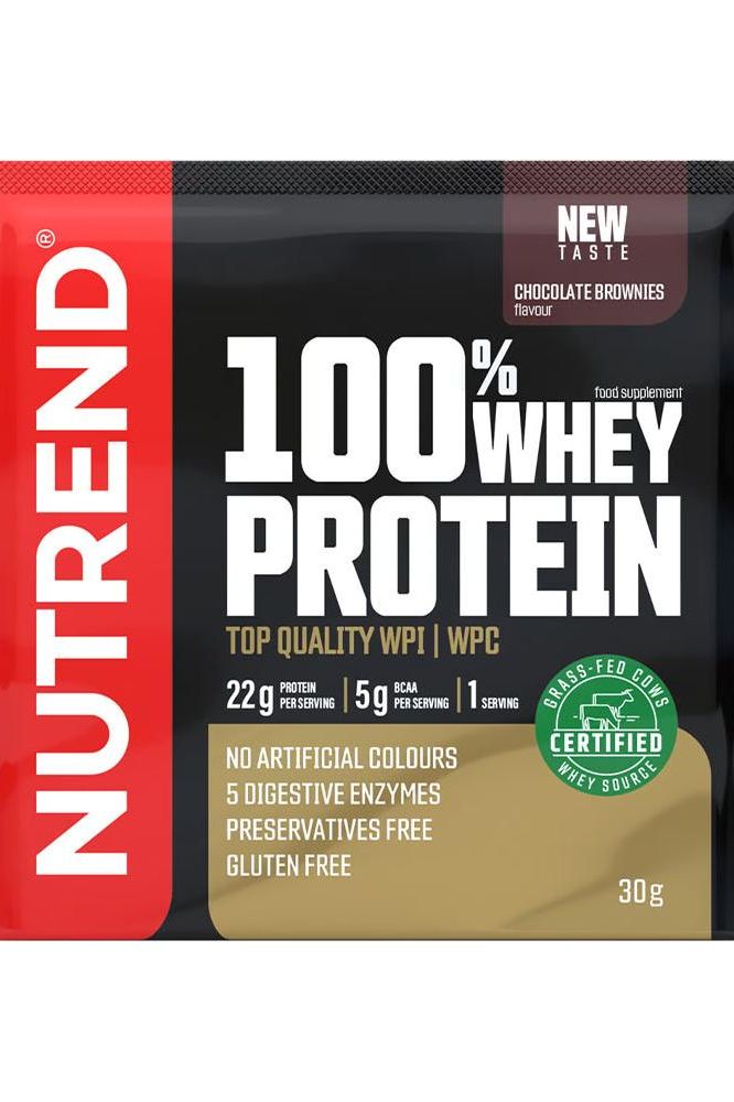 Nutrend 100% Whey Protein in Chocolate Brownies flavor, 30g pouch, featuring top quality WPI and WPC, gluten-free.