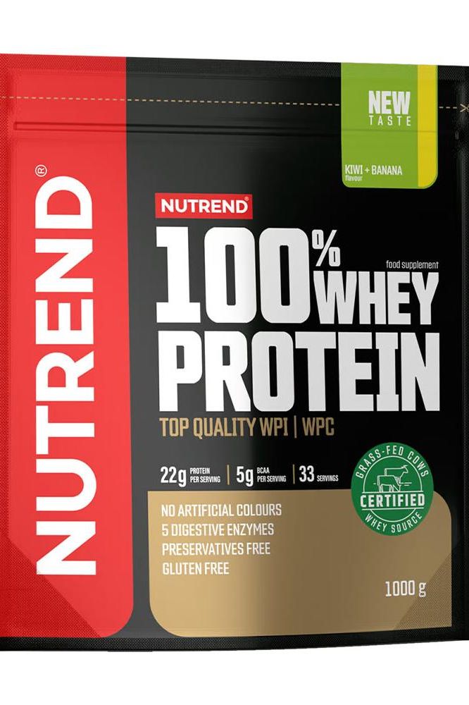 Nutrend 100% Whey Protein packaging showcasing premium WPI and WPC, banana flavor, gluten-free, 1000g.