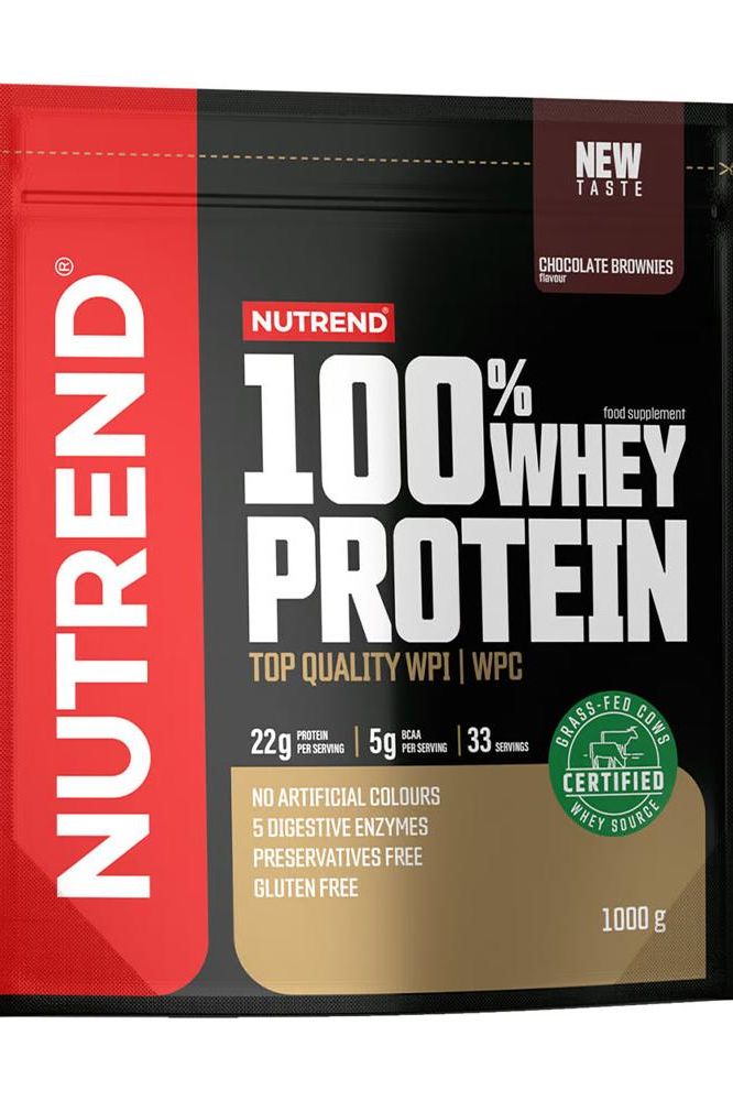 Nutrend 100% Whey Protein chocolate brownies flavor, 1000g pack, featuring top quality WPI and WPC for optimal workout benefits.