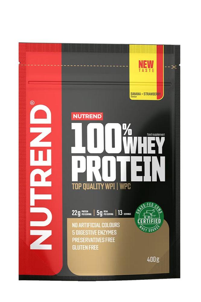 Nutrend 100% Whey Protein powder packaging featuring banana-strawberry flavor, 400g, gluten-free, no preservatives.