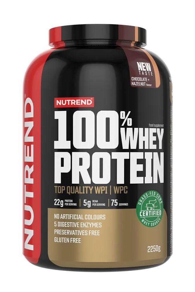 Nutrend 100% Whey Protein in Chocolate-Hazelnut flavor, 2250g, premium WPI and WPC for muscle recovery.