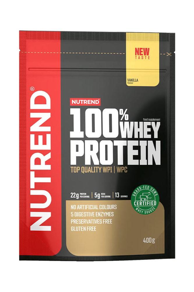 Nutrend 100% Whey Protein vanilla flavor pack, 400g with nutritional benefits and no artificial colors.