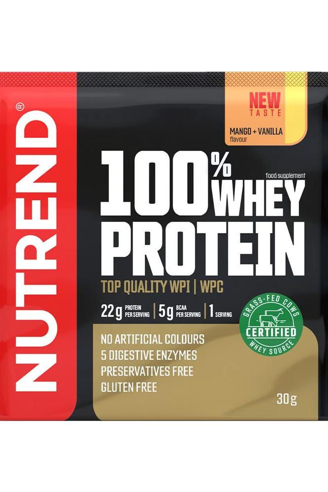 Nutrend 100% Whey Protein pack with mango-vanilla flavor, rich in protein, gluten-free, top quality WPI and WPC.