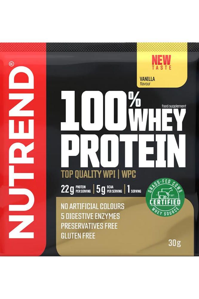 Nutrend 100% Whey Protein packet, 30g, vanilla flavor, top quality WPI/WPC, gluten free, 22g protein per serving.