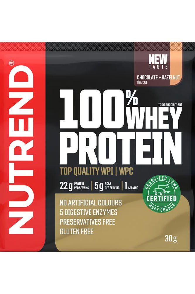 Nutrend 100% Whey Protein packet, chocolate hazelnut flavor, top quality WPI/WPC, 22g protein per serving, gluten free.