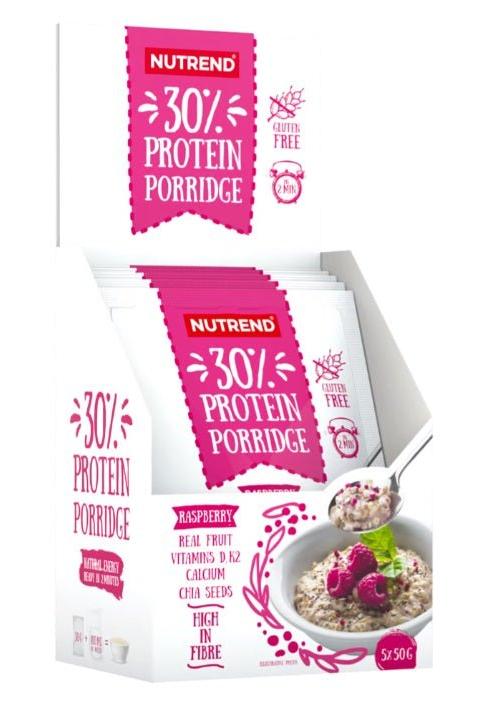 Nutrend 30% Protein Porridge packaging with raspberry flavor, high in protein and fiber, gluten-free breakfast option.