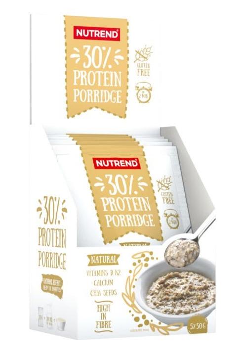 Nutrend 30% Protein Porridge packaging, gluten-free, high in fiber, rich in protein, ready-to-eat breakfast option.