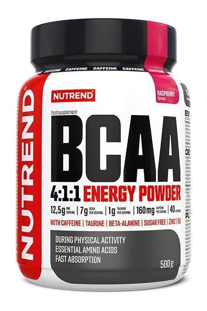 NUTREND BCAA 4:1:1 Energy Powder with raspberry flavor, featuring essential amino acids for energy and recovery.
