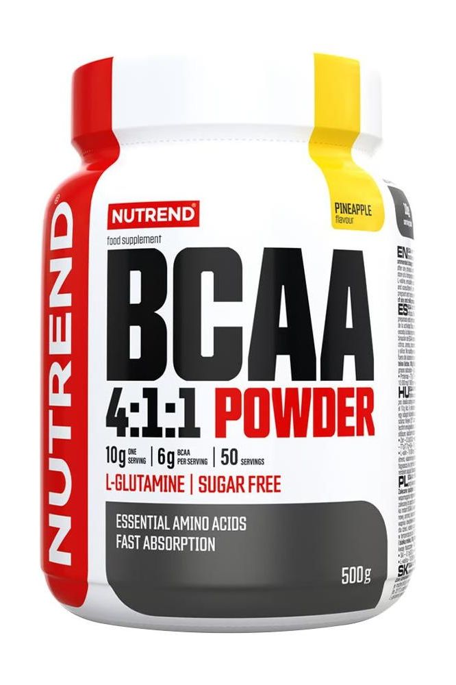 Nutrend BCAA 4:1:1 Powder supplement with pineapple flavor for muscle recovery and growth, 500g.