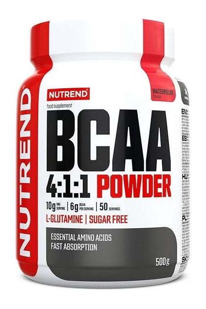 NUTREND BCAA 4:1:1 Powder supplement with L-Glutamine for muscle growth, sugar-free, 500g, watermelon flavor.