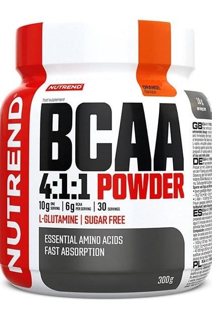 Nutrend BCAA 4:1:1 Powder container, 300g, featuring essential amino acids for muscle growth and recovery.