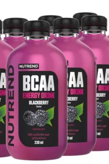 Nutrend BCAA Energy Drink in Blackberry flavor, 330 ml bottles, energizing beverage with caffeine and B vitamins.