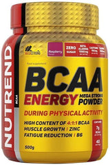 NUTREND BCAA Energy Mega Strong Powder container, promotes muscle growth and energy during workouts, sugar-free supplement.