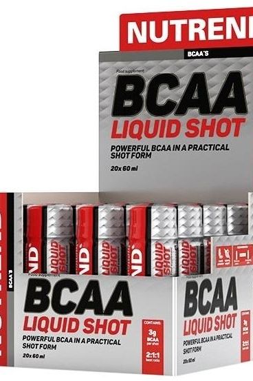 NUTREND BCAA Liquid Shot packaging with 20 x 60 ml servings, promoting muscle recovery and growth.