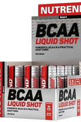NUTREND BCAA Liquid Shot packaging with 20 x 60 ml servings, promoting muscle recovery and growth.