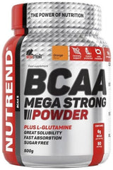 NUTREND BCAA Mega Strong Powder, 500g, dietary supplement with L-glutamine, sugar-free, for muscle recovery and growth.