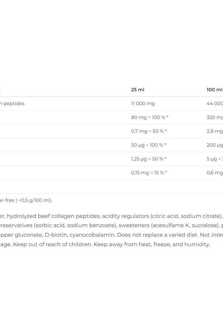 Nutritional information for Nutrend Collagen Liquid, Orange flavor, highlighting collagen peptides and vitamins.