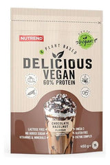 NUTREND Delicious Vegan protein powder package, chocolate hazelnut flavor, plant-based, gluten-free, rich in nutrients.