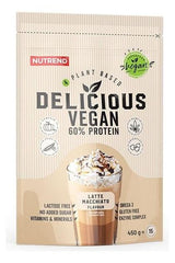 NUTREND Delicious Vegan protein powder in Latte Macchiato flavor, 60% protein, plant-based ingredients, 450g packaging.