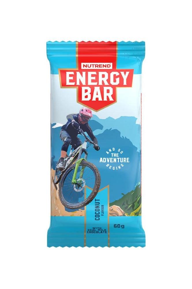 Nutrend Energy Bar with coconut flavor, featuring a cyclist, ideal for quick energy and fiber boost.