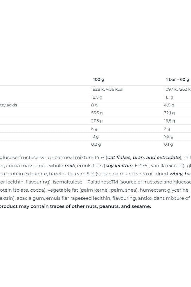 Nutritional information for Nutrend Energy Bar, including fiber content and ingredients per 100g and per serving.