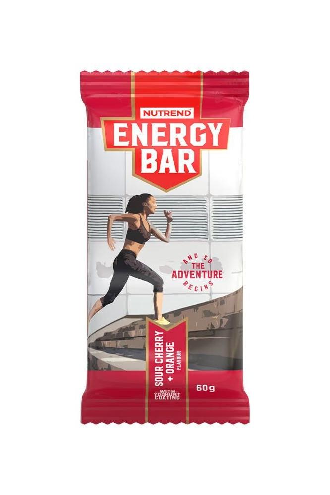 Nutrend Energy Bar packaging featuring sour cherry and orange flavor, ideal for quick energy and fiber boost.