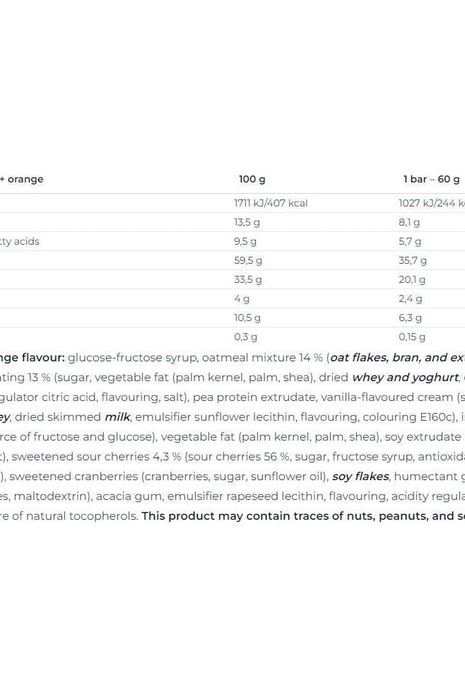 Nutrition information for Nutrend Energy Bar in orange flavor, detailing calories and ingredients.