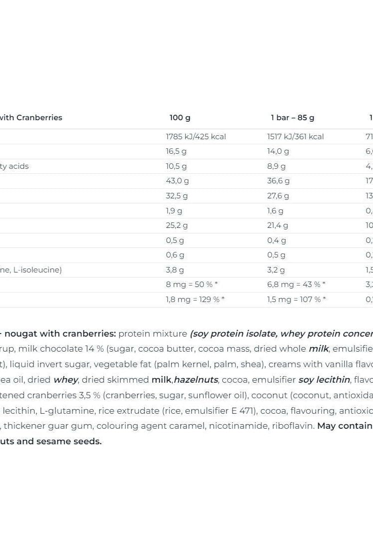 Nutritional chart for Nutrend Excelent Protein Bar with cranberries, showing ingredients and nutritional values.