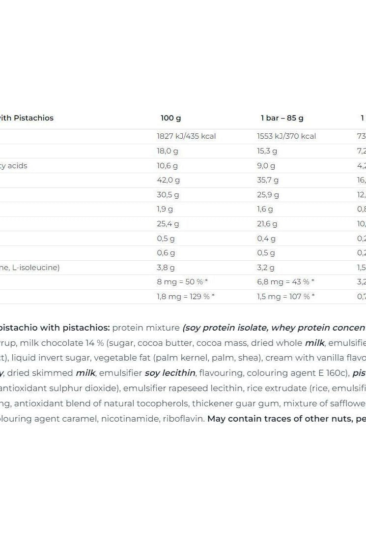 Nutrition facts for Nutrend Excelent Protein Bar with Pistachios, showing protein, calories, and ingredients.