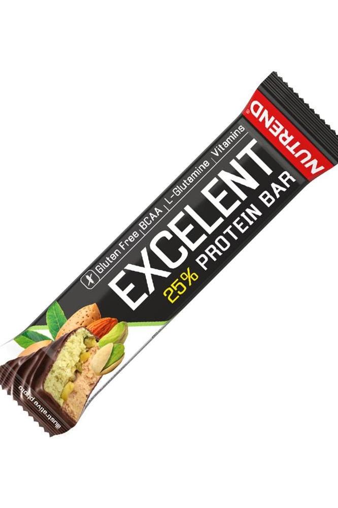 Nutrend Excelent 25% Protein Bar, gluten-free protein snack with BCAAs and vitamins, perfect for on-the-go energy.