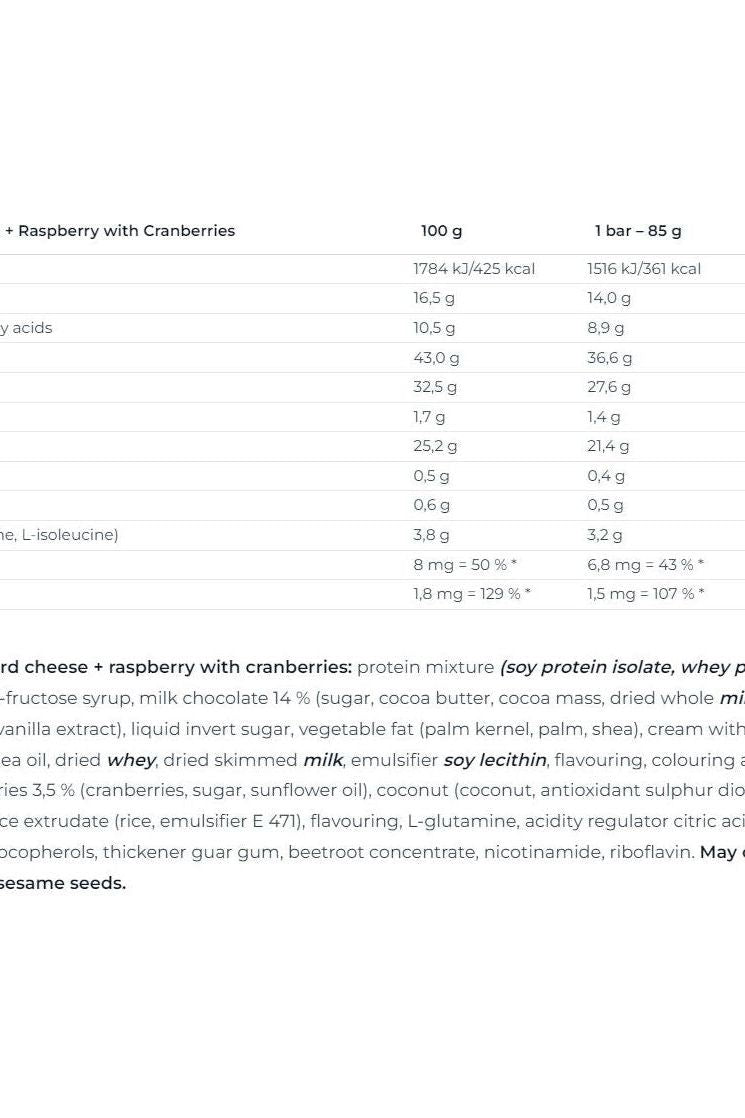 Nutritional information for Nutrend Excelent Protein Bar Double with raspberry and cranberries.