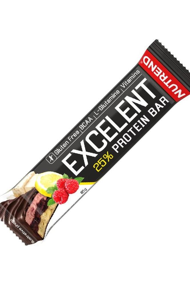 Nutrend Excelent Protein Bar Double with 25% protein, featuring berry and banana flavors, perfect for on-the-go snacking.