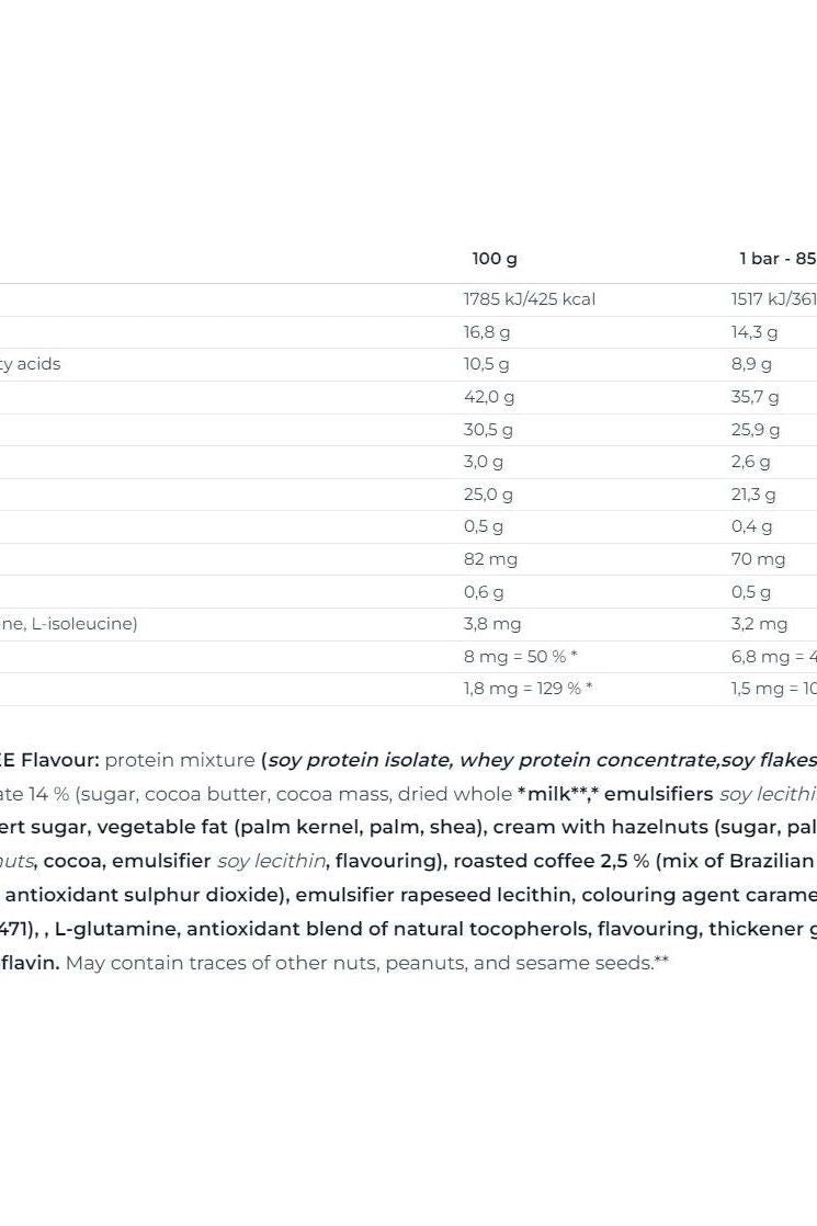 Nutrition facts for Nutrend Excellent Protein Bar Double, detailing protein content, vitamins, and ingredients per serving.