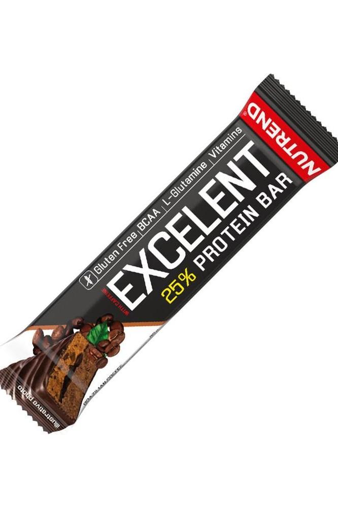 Nutrend Excelent Protein Bar Double with 25% protein, gluten-free, featuring BCAA and vitamins, ideal for on-the-go snacking.