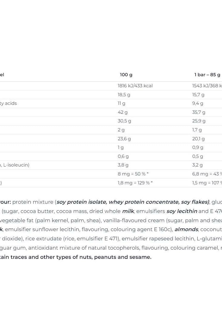 Nutritional information table for Nutrend Excelent Protein Bar showing proteins, fats, carbs, and vitamins.