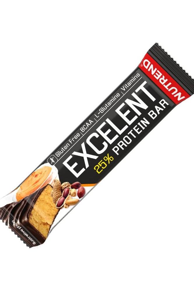 Nutrend Excelent Protein Bar packaging, showcasing high-protein snack with B-vitamins and delicious flavor.