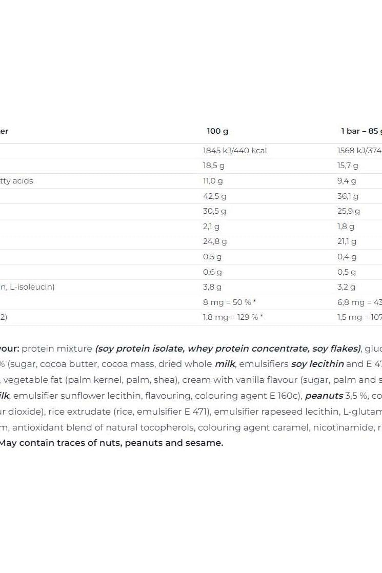 Nutritional information for Nutrend Excelent Protein Bar, showing calories, proteins, fats, and vitamins per 100g and per bar.