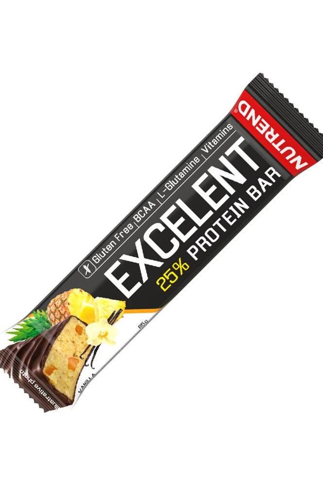 Nutrend Excelent Protein Bar packaging featuring pineapple flavor and key ingredients like BCAA and vitamins.