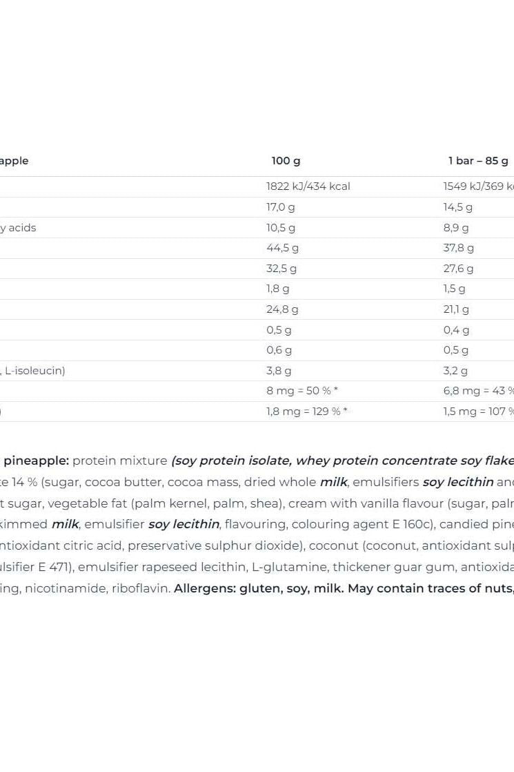 Nutritional information chart for Nutrend Excelent Protein Bar, including ingredients and calorie values.