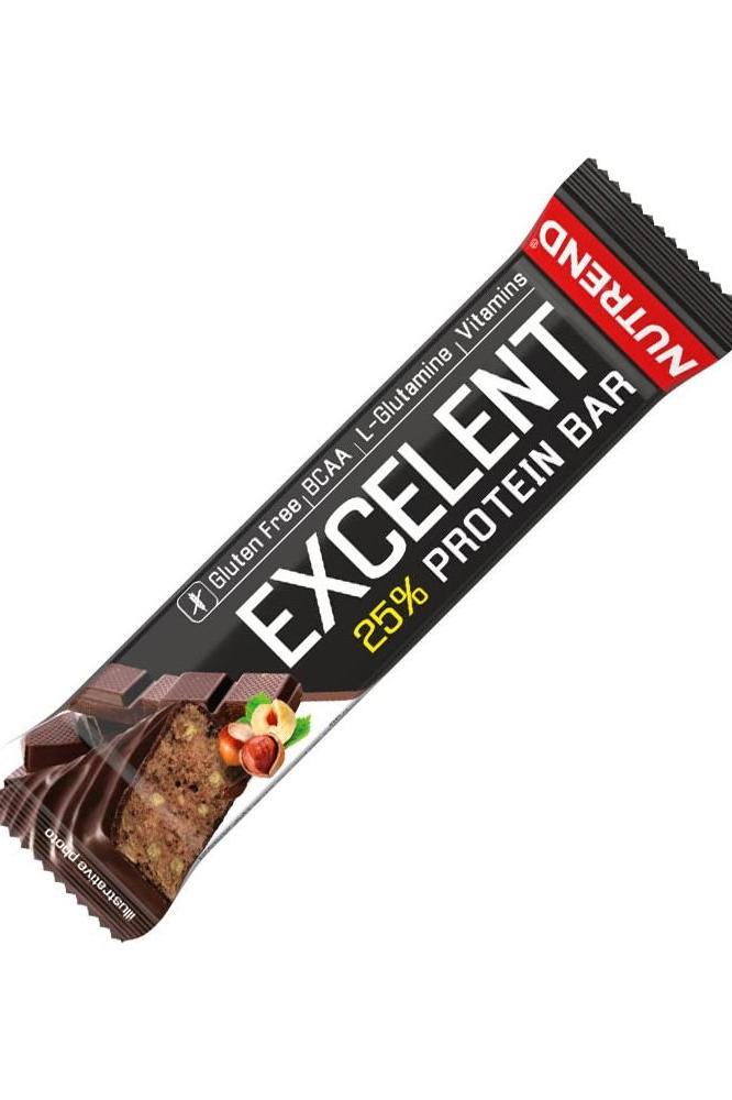Nutrend Excelent Protein Bar packaging featuring a gluten-free, high-protein snack with vitamins and BCAAs.