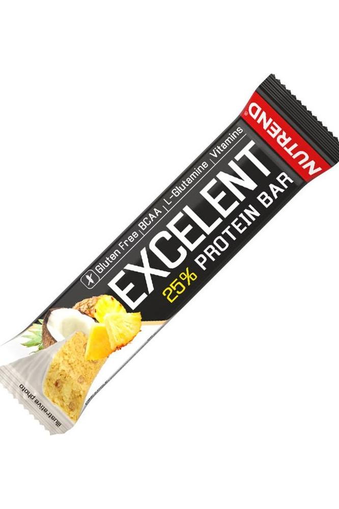 Nutrend Excelent Protein Bar packaging, gluten-free, high-protein snack with vitamins for energy and recovery.