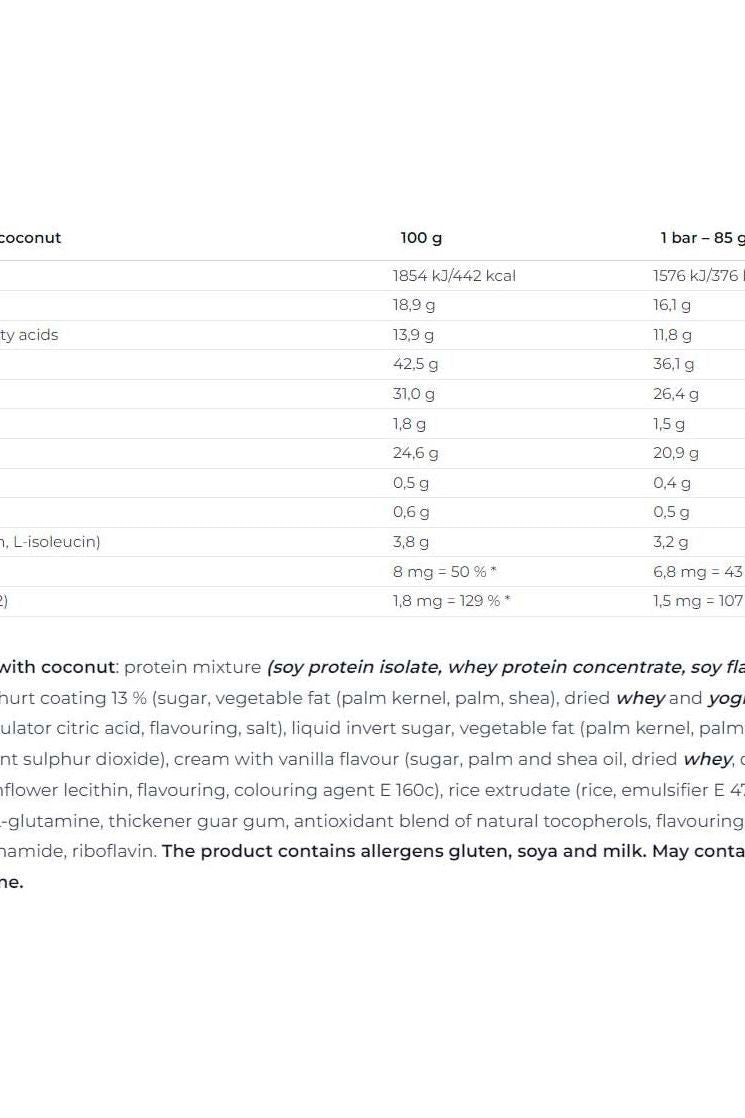 Nutrition information for Nutrend Excelent Protein Bar with coconut, detailing ingredients and nutritional values per serving.