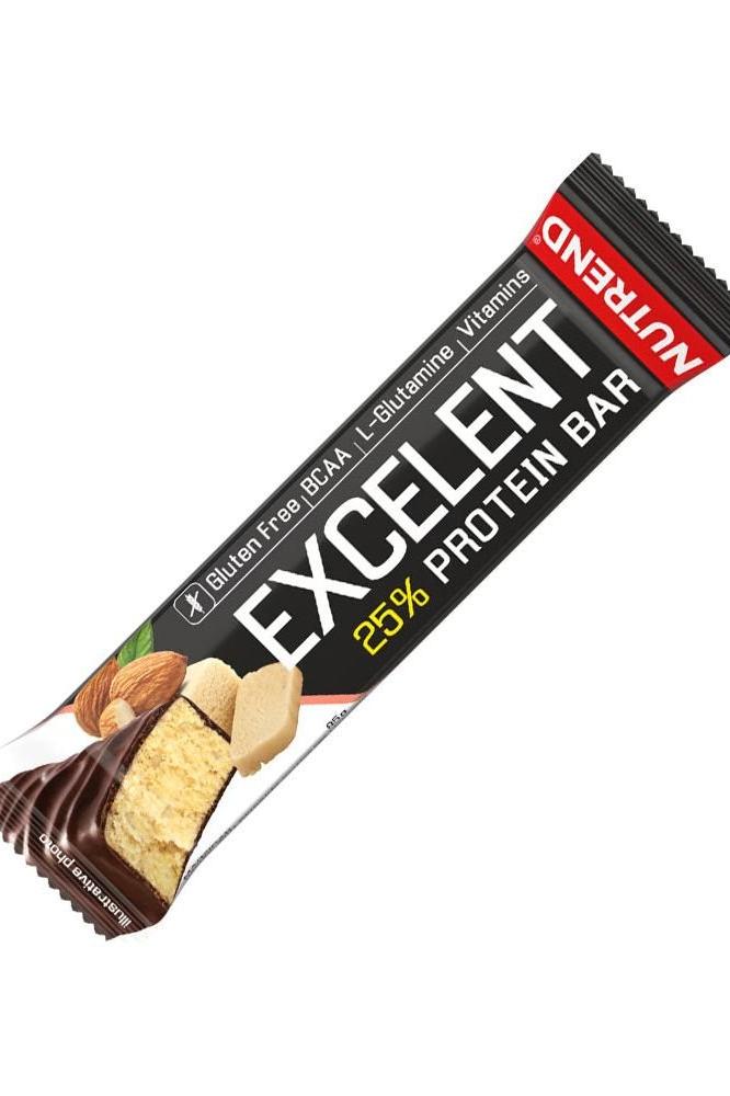 Nutrend Excelent Protein Bar with BCAAs, gluten-free, 25% protein, perfect snack for energy boost and muscle recovery.