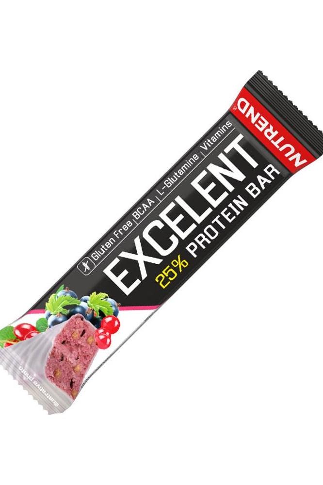 Nutrend Excelent Protein Bar packaging featuring BCAA, gluten-free, and vitamins, ideal for energy boost and workout supplement.