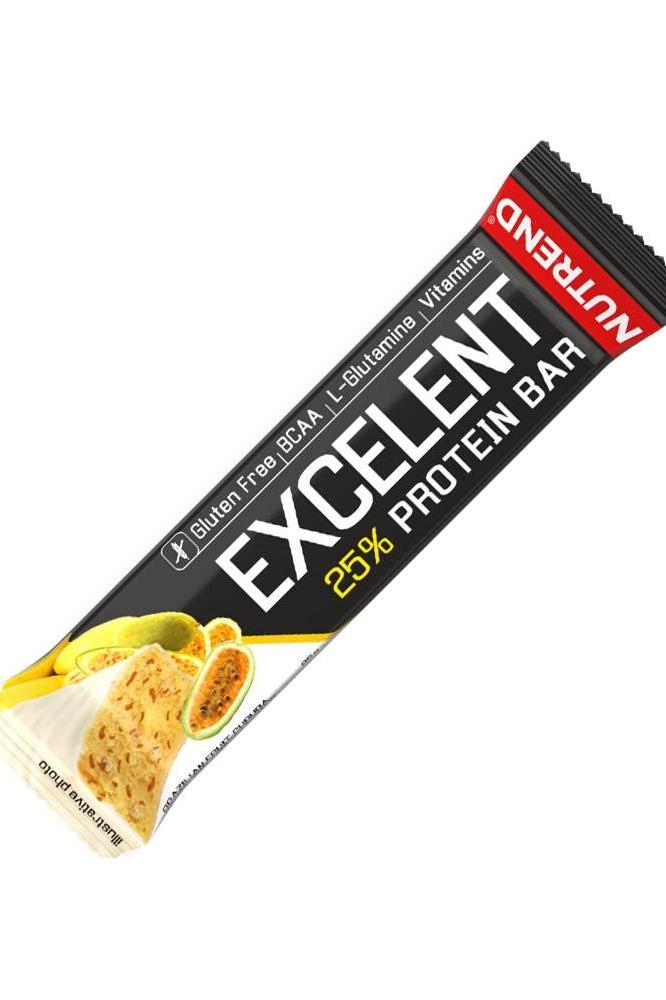 Nutrend Excelent Protein Bar packaging, gluten-free, enriched with BCAAs and vitamins, perfect for energy boost.