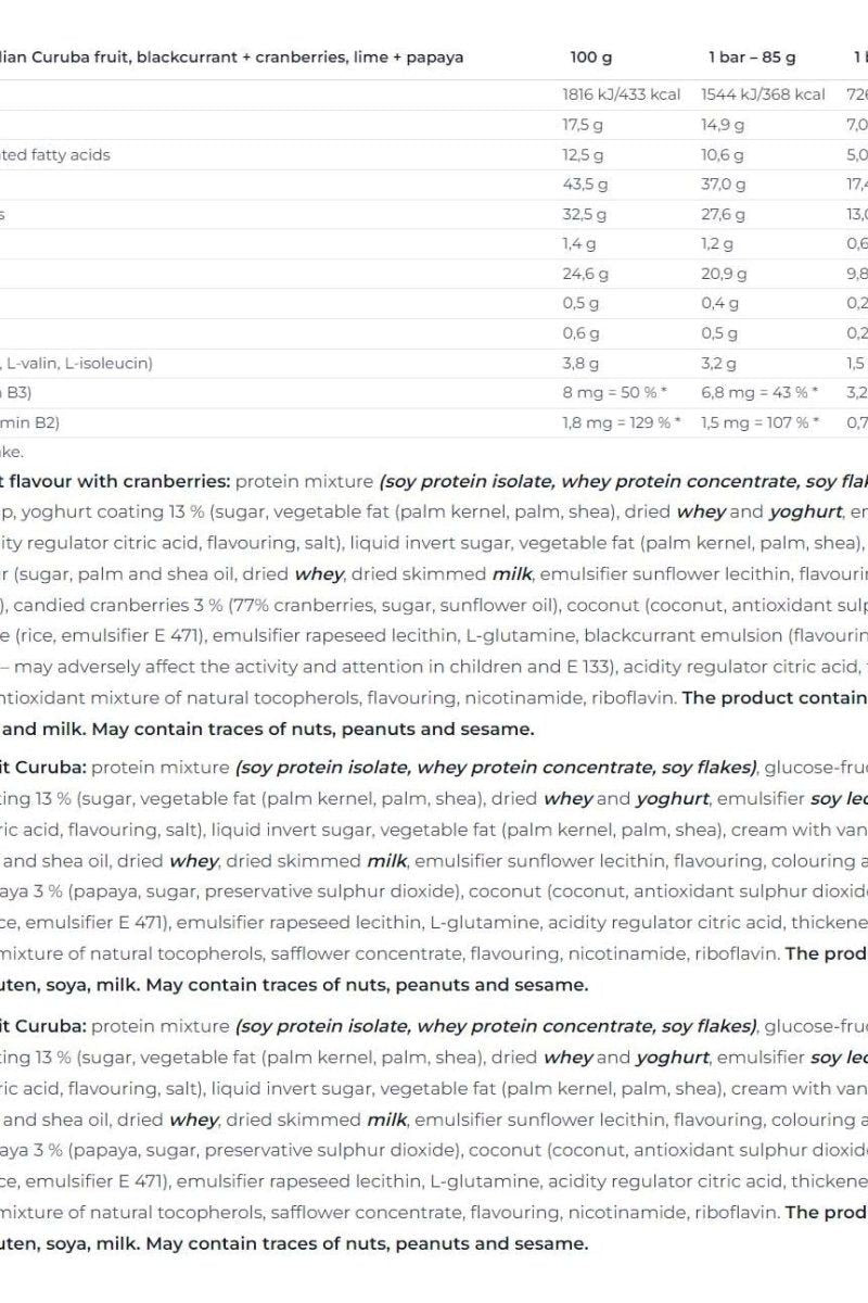 Nutrition information table for Nutrend Excelent Protein Bar, including protein, fats, and vitamins per 100g and serving.