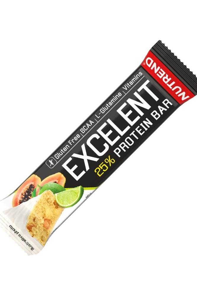 Nutrend Excelent Protein Bar packaging featuring tropical flavors and high-quality protein, gluten-free and enriched with BCAAs.