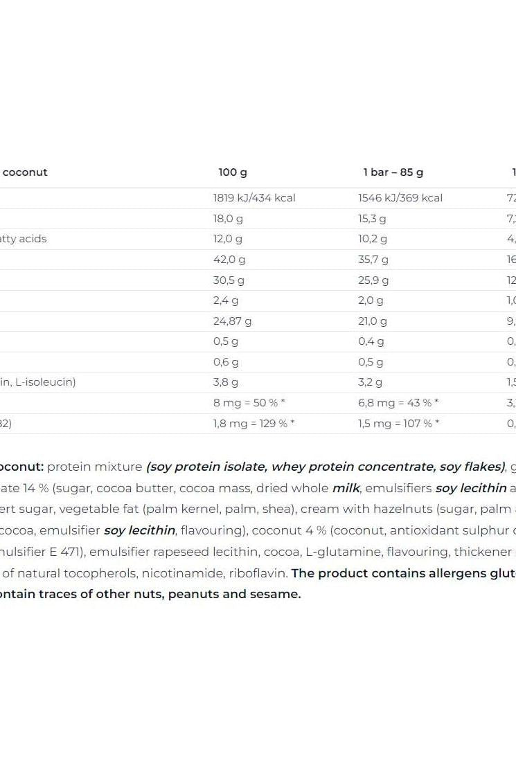 Nutritional information for Nutrend Excelent Protein Bar, highlighting ingredients and energy content.