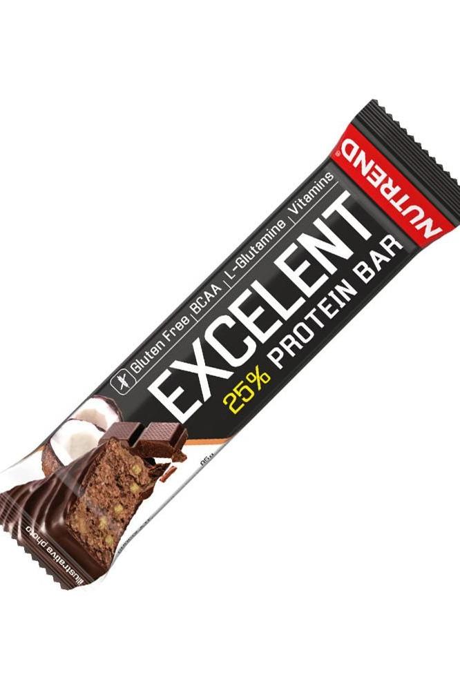Nutrend Excelent Protein Bar packaging featuring 25% protein, gluten-free, and enriched with vitamins.